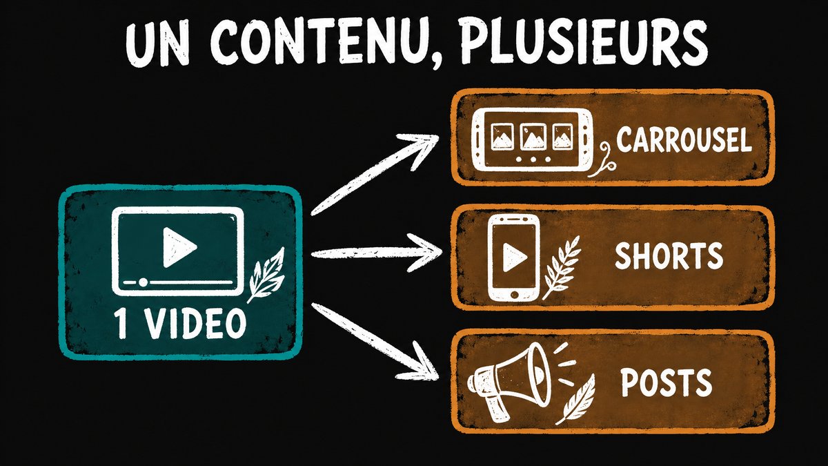 Schéma : une vidéo source se décline en carrousel, shorts et posts pour plusieurs réseaux.