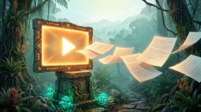 Illustration : une vidéo transformée en articles de blog qui se diffusent vers Google et les IA, style explorateur Libreneur
