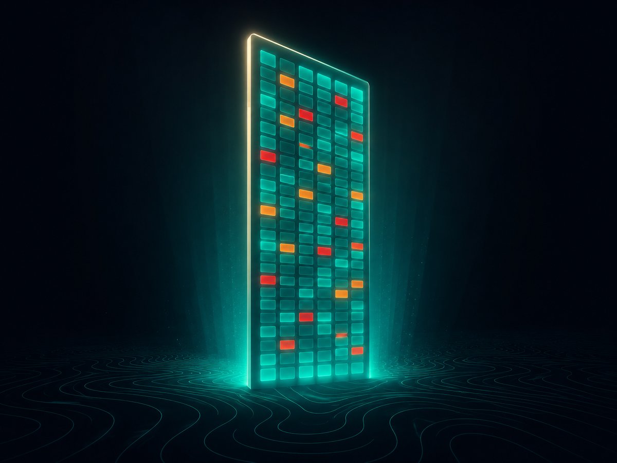 Illustration abstraite d'un panneau lumineux, majoritairement teal avec quelques touches rouges et orange, représentant l'idée d'un texte globalement propre avec quelques points à corriger