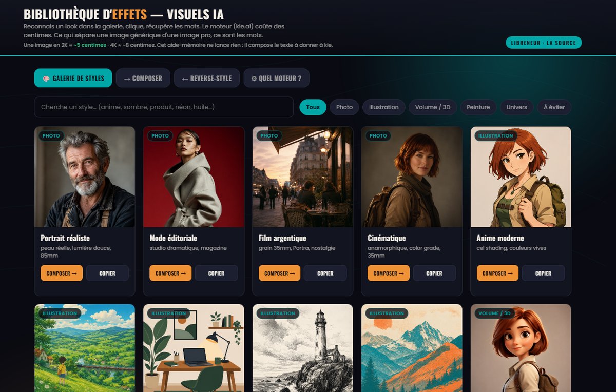 Capture d'écran de la Bibliothèque d'effets : une galerie de styles visuels (portrait réaliste, mode éditoriale, film argentique, cinématique, anime moderne) avec un bouton composer pour chacun