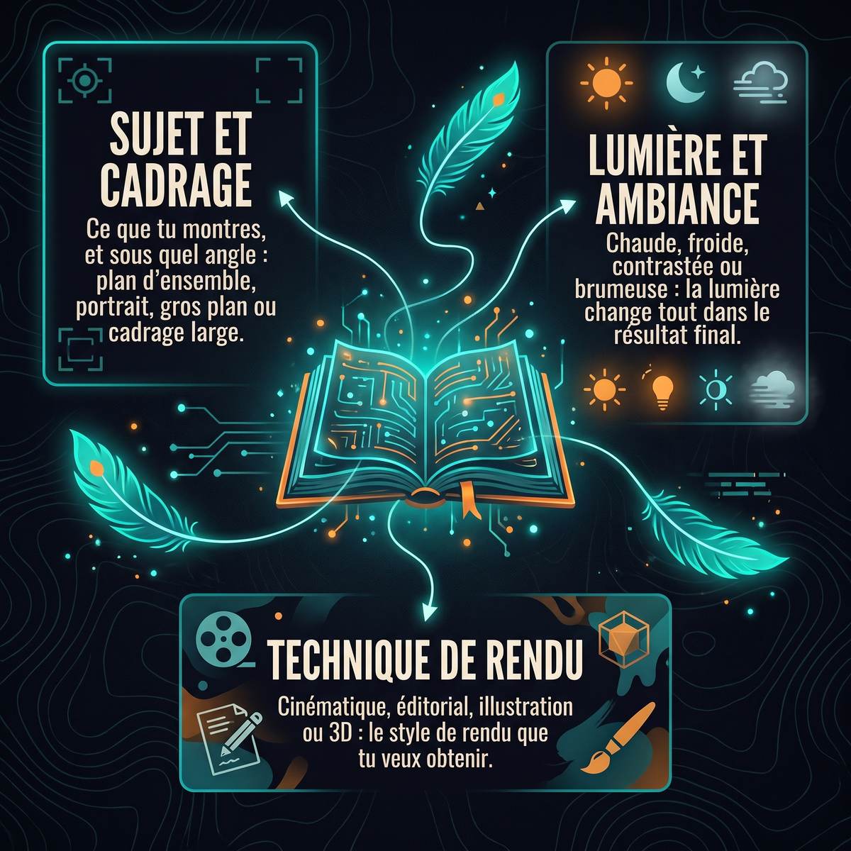 Infographie des 3 catégories pour construire sa bibliothèque de vocabulaire de prompts IA : sujet et cadrage, lumière et ambiance, technique de rendu