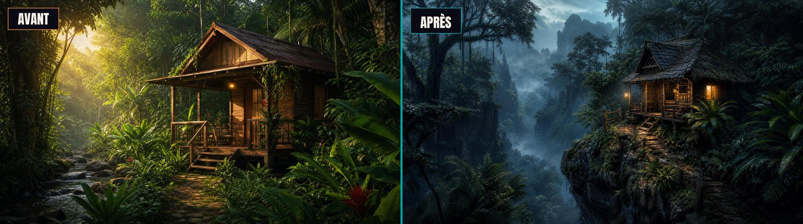 Une cabane dans la jungle générée par IA en deux versions : à gauche un rendu générique en pleine lumière, à droite le même prompt de base enrichi de mots précis, ambiance cinématique nocturne et brumeuse
