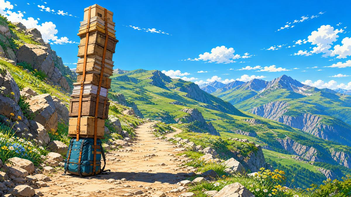 Illustration : un sac à dos posé sur un sentier de montagne, surmonté d'une tour de caisses empilées bien plus haute que lui