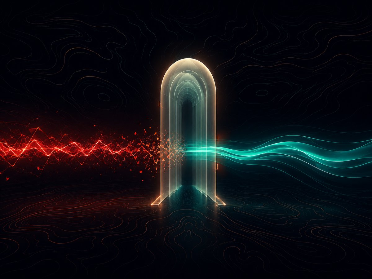 Illustration abstraite d'un flux de lumière rouge qui se dissout devant un portail lumineux tandis qu'un flux teal continu le traverse, symbolisant le filtre anti-IA à deux couches