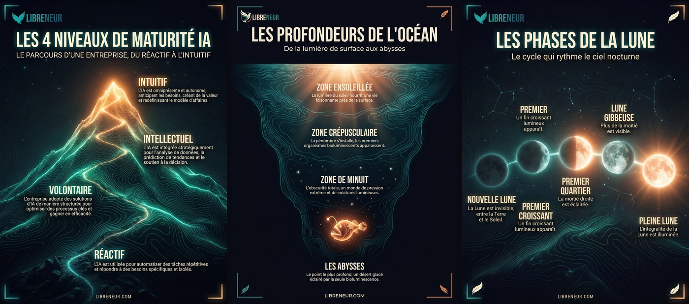 Trois infographies dans la charte graphique teal et orange de Libreneur : les niveaux de maturité IA, les profondeurs de l'océan, les phases de la lune