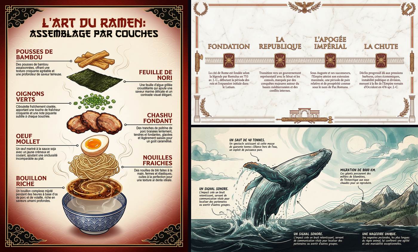 Trois infographies dans des styles totalement différents : un ramen japonais en vue éclatée, une frise historique de la Rome antique, une baleine à bosse en illustration aquarelle