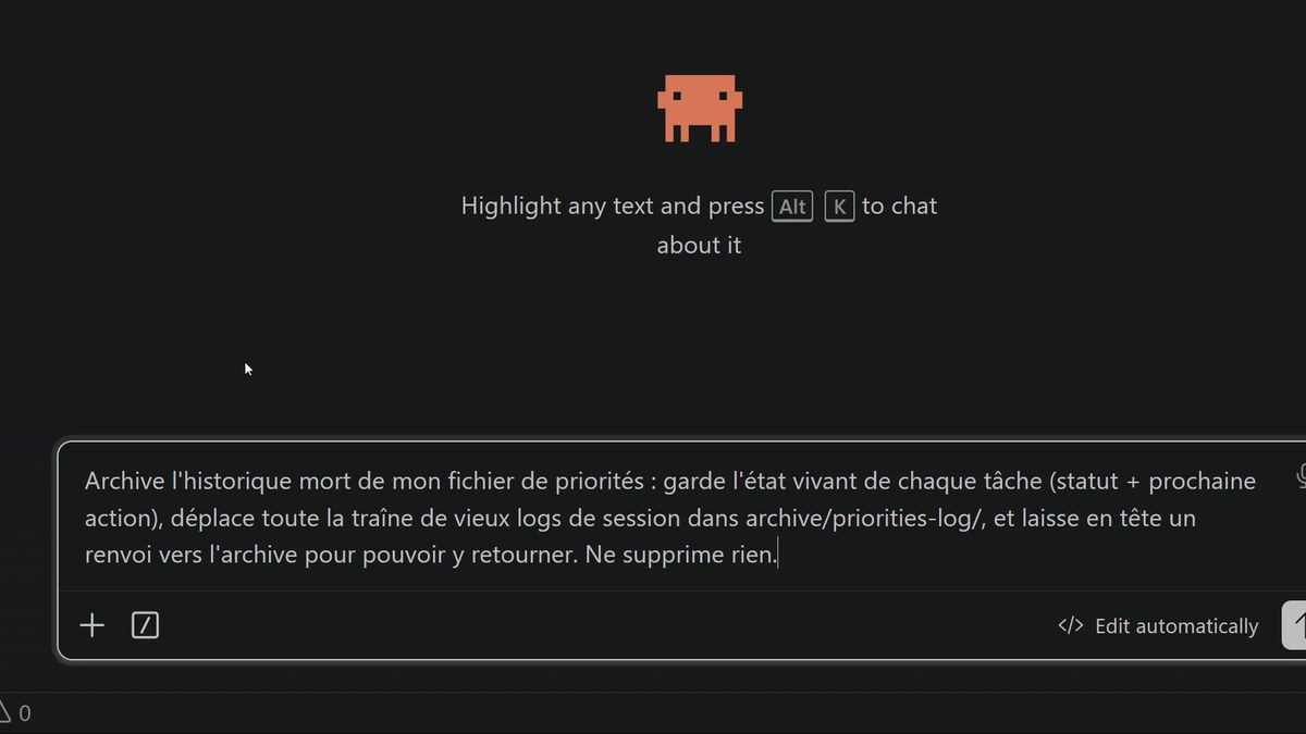 Demande en langage naturel à Claude Code : archiver l'historique mort du fichier de priorités, garder l'état vivant de chaque tâche, déplacer la traîne dans une archive et laisser un renvoi en tête