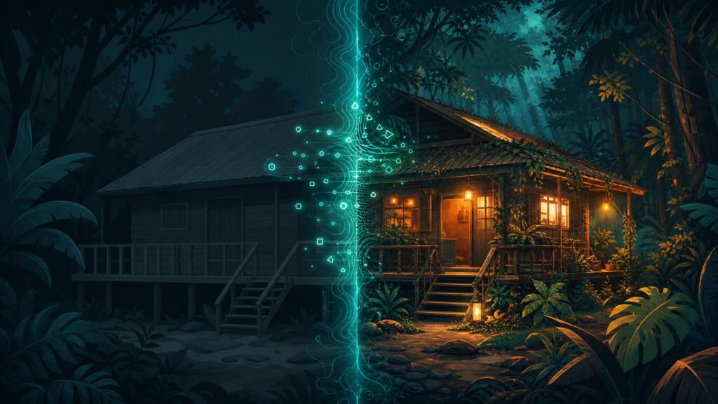 retrouver-style-image-ia-cabane-jungle-1