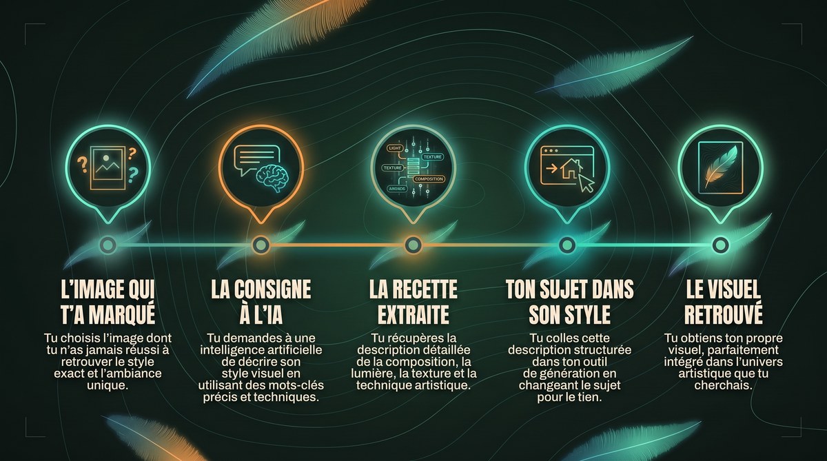 Infographie en 5 étapes de la méthode reverse-style : l'image qui t'a marqué, la consigne à l'IA, la recette extraite, ton sujet dans son style, le visuel retrouvé
