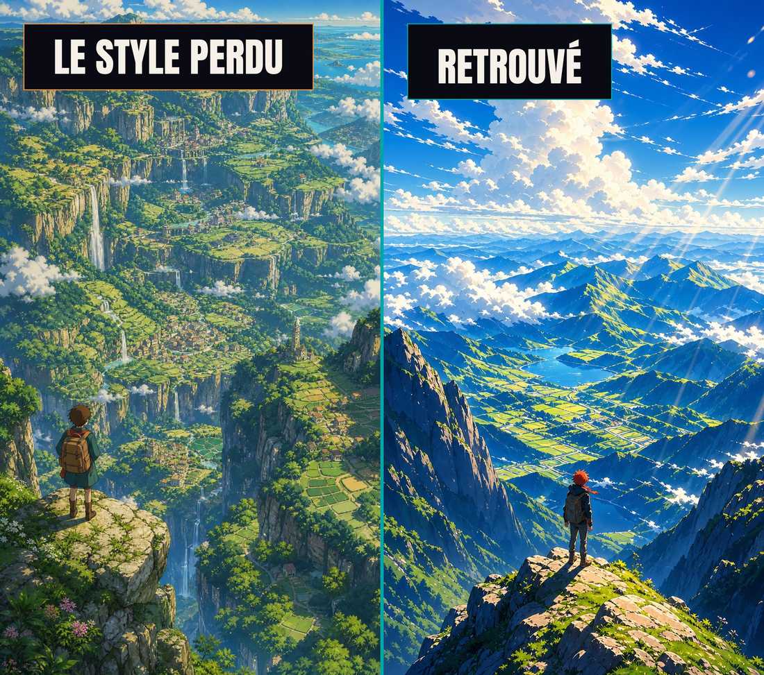 Deux illustrations de paysages vertigineux vus d'un promontoire, côte à côte : à gauche le style que je cherchais depuis des mois sans y arriver, à droite ma version régénérée avec la recette extraite par reverse-style