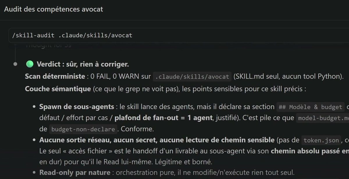 Résultat du skill d audit de sécurité Claude Code : verdict sûr, zéro fail et zéro warning