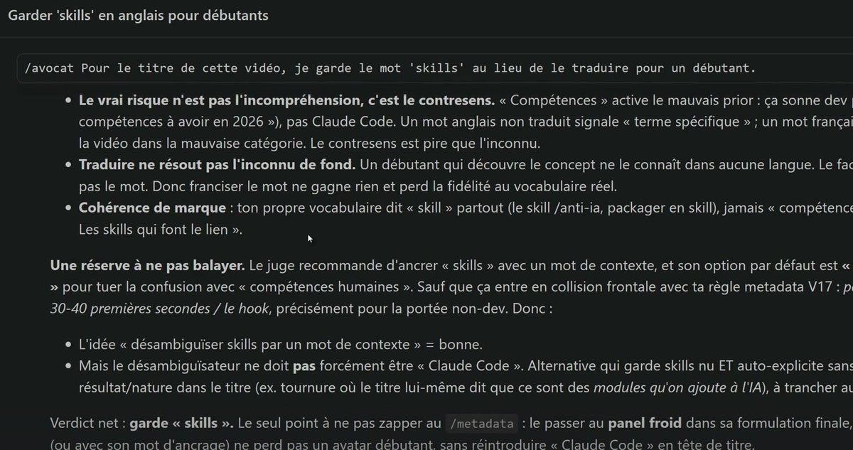 Le skill avocat de Claude Code rend un verdict argumenté sur une décision de titre de vidéo