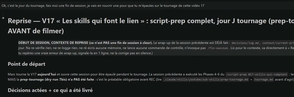 Skill de fin de session Claude Code générant un texte de reprise avec les décisions actées et les fichiers clés