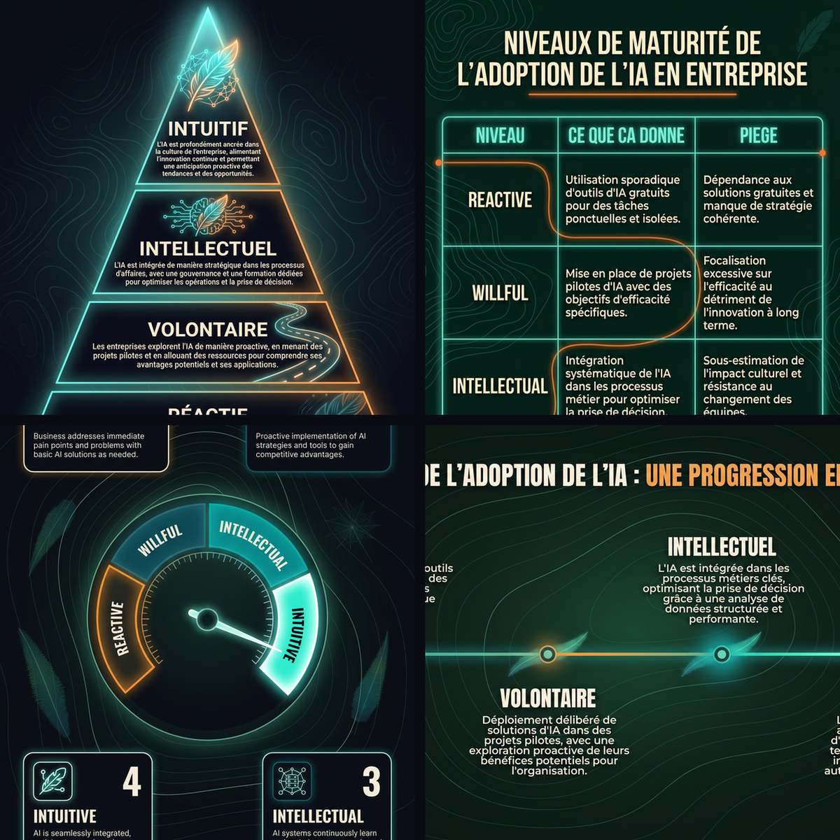 Quatre infographies générées avec la même charte graphique teal et orange mais des structures différentes : pyramide, tableau comparatif, dashboard circulaire et timeline horizontale