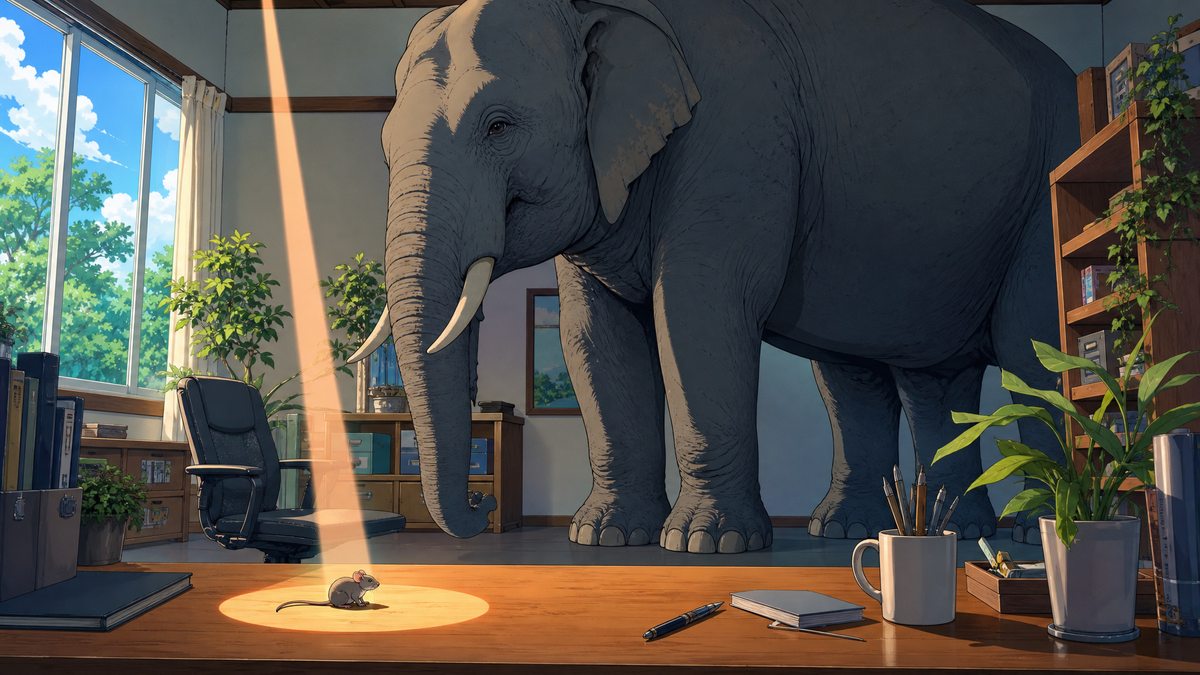 Illustration : une souris éclairée par un rayon de lumière sur un bureau, pendant qu'un éléphant occupe toute la pièce derrière elle
