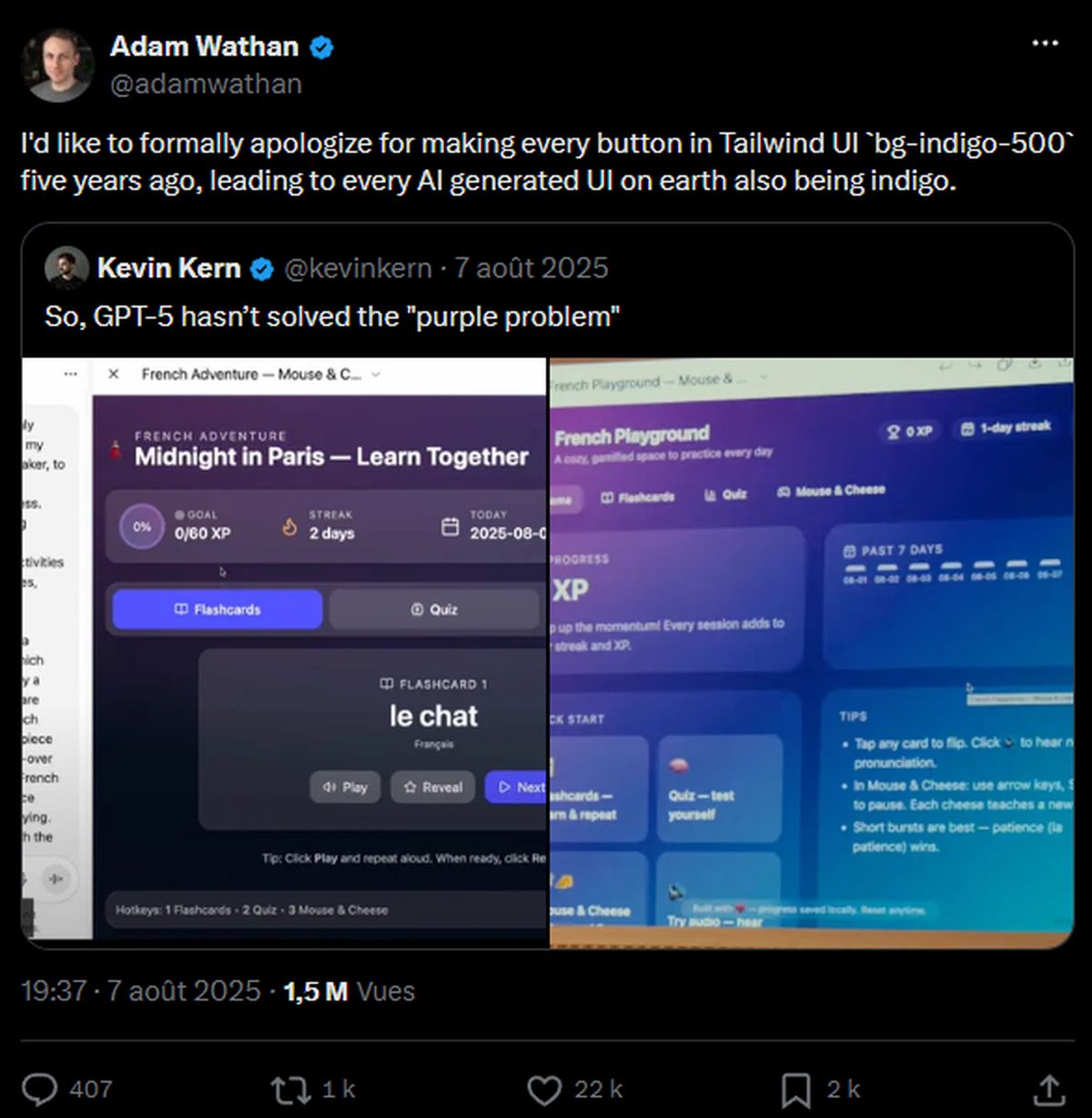Message d'Adam Wathan s'excusant d'avoir mis les boutons de Tailwind UI en indigo, citant deux interfaces générées par IA toutes deux violettes