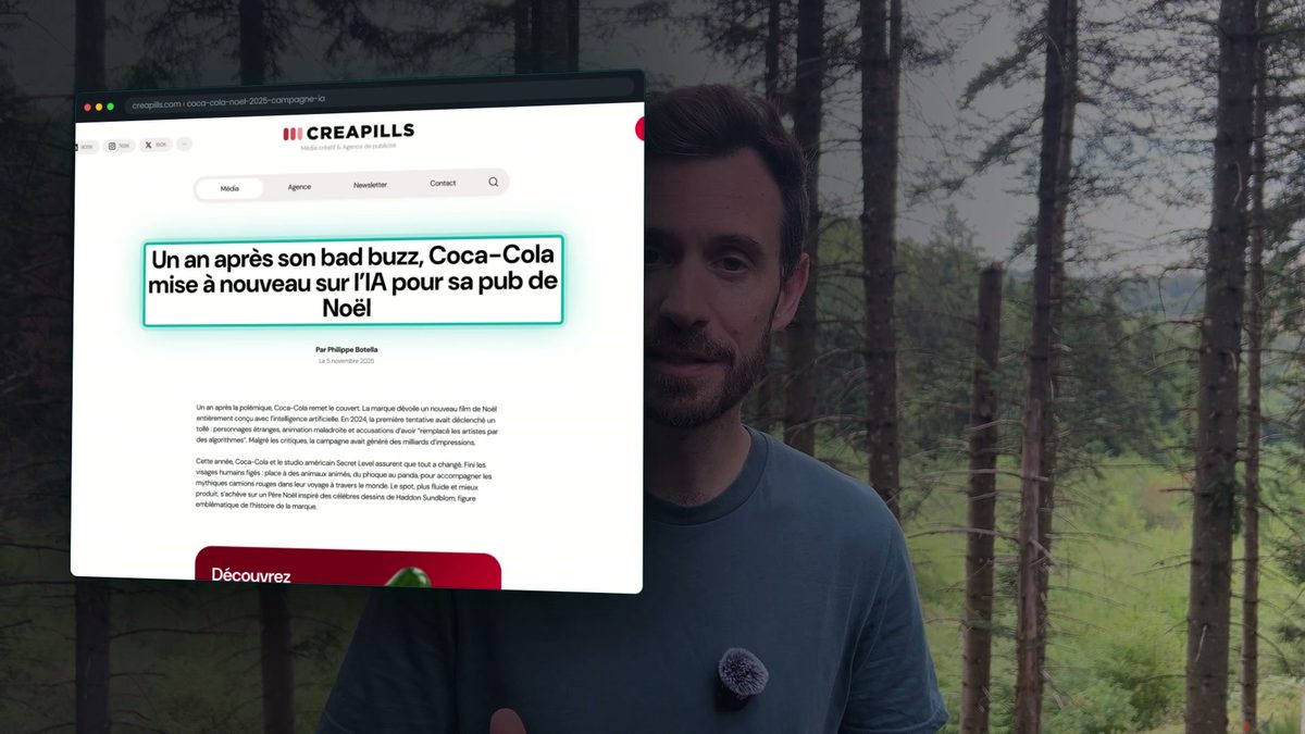 Article de presse titrant qu'un an après son bad buzz, Coca-Cola remise sur l'IA pour sa publicité de Noël