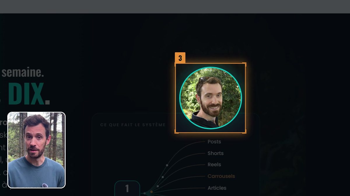Halo lumineux en dégradé autour d'une photo de profil sur une page de vente, désigné comme troisième tic visuel d'IA