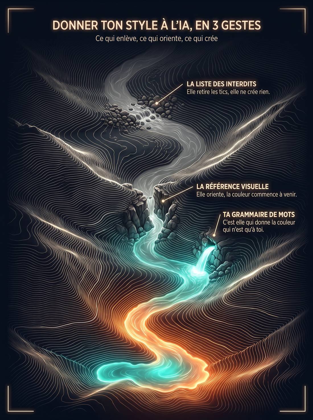 Infographie : une rivière descend une vallée en courbes de niveau et traverse trois seuils, son eau restant grise après le premier puis prenant sa couleur