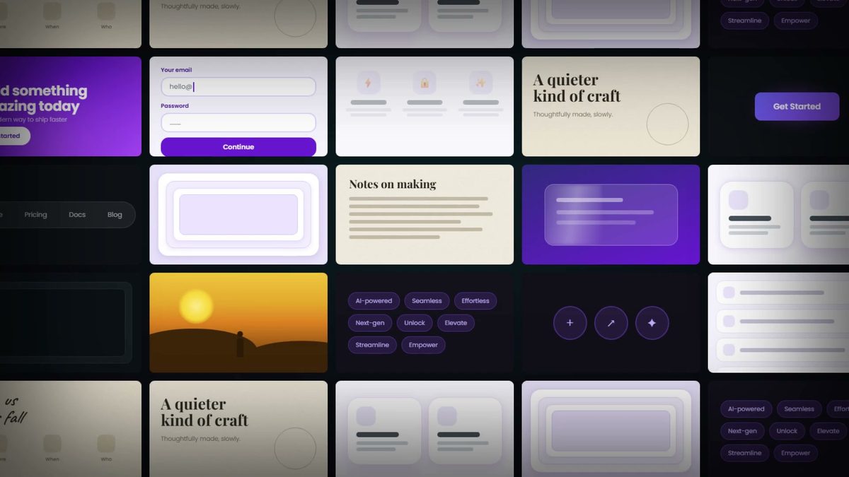 Grille de seize visuels générés par IA montrant les mêmes tics : dégradés violets, fonds crème, cartes empilées et police Inter