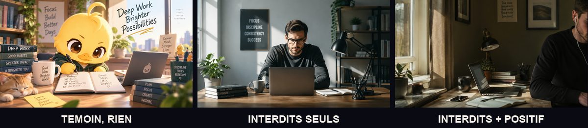 Trois images générées avec le même prompt : une version témoin sans consigne, une avec les seuls interdits, une avec les interdits et les consignes positives