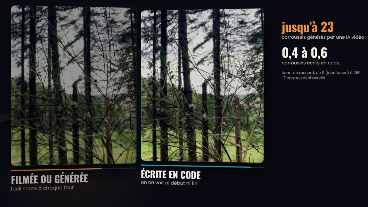 Deux versions d'une même boucle vidéo : filmée ou générée, l'œil saute à chaque tour ; écrite en code, on ne voit ni début ni fin