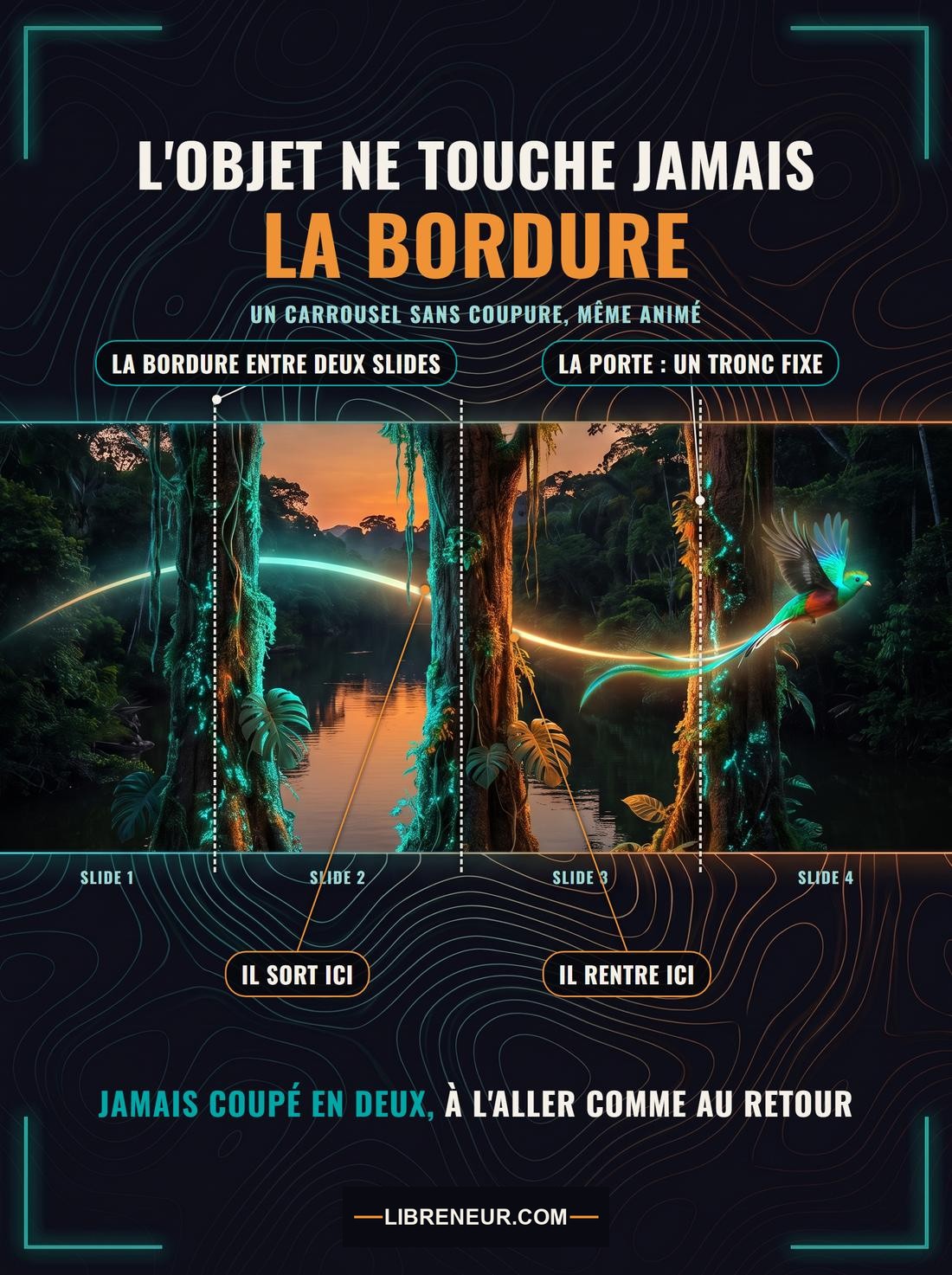 Infographie de la règle de la porte : un panorama de jungle découpé en 4 slides, chaque bordure cachée derrière un tronc d'arbre, la traînée d'un quetzal qui passe derrière chaque tronc sans jamais être coupée