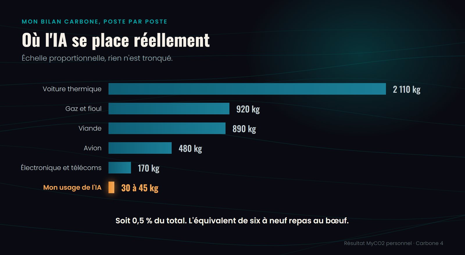 Échelle proportionnelle des postes d'un bilan carbone : voiture thermique 2110 kg, gaz et fioul 920 kg, viande 890 kg, avion 480 kg, électronique et télécoms 170 kg, usage de l'IA 30 à 45 kg