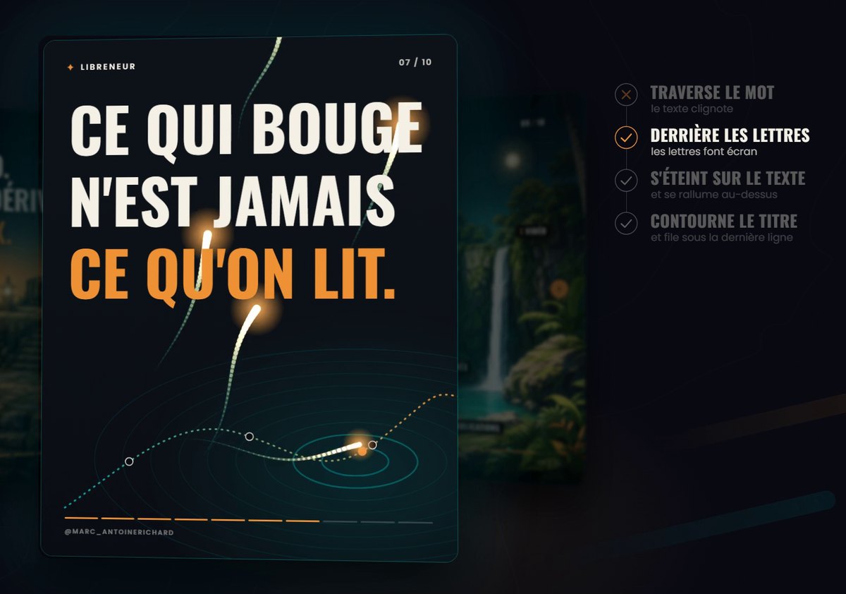 Slide de carrousel animé où les étincelles passent derrière les lettres du titre au lieu de le traverser