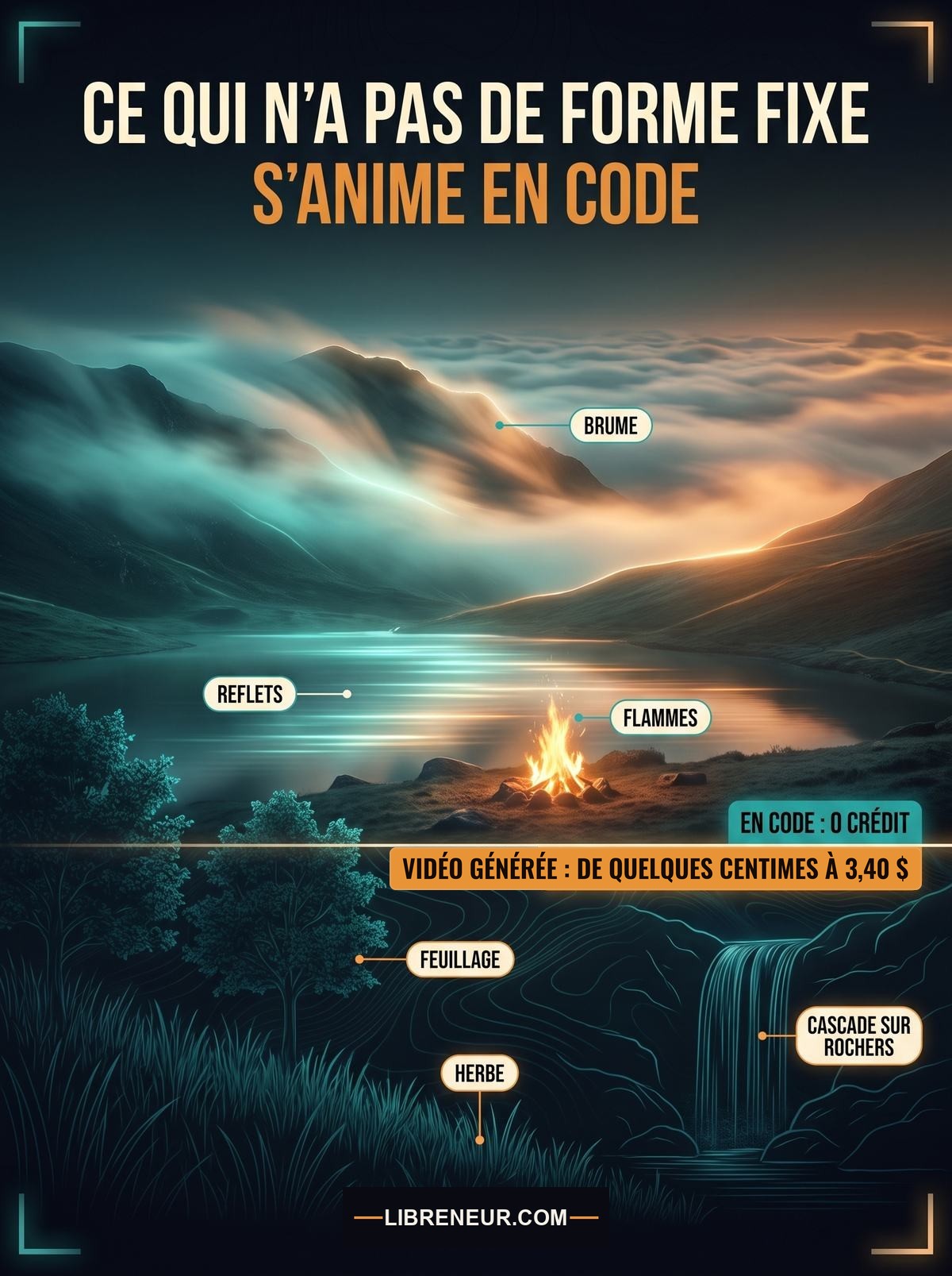 Infographie : une montagne en courbes de niveau lumineuses, avec la brume, les reflets et les flammes au-dessus d'une ligne marquée en code 0 crédit, et l'herbe, le feuillage et une cascade sur rochers en dessous, marqués vidéo générée, de quelques centimes à 3,40 dollars