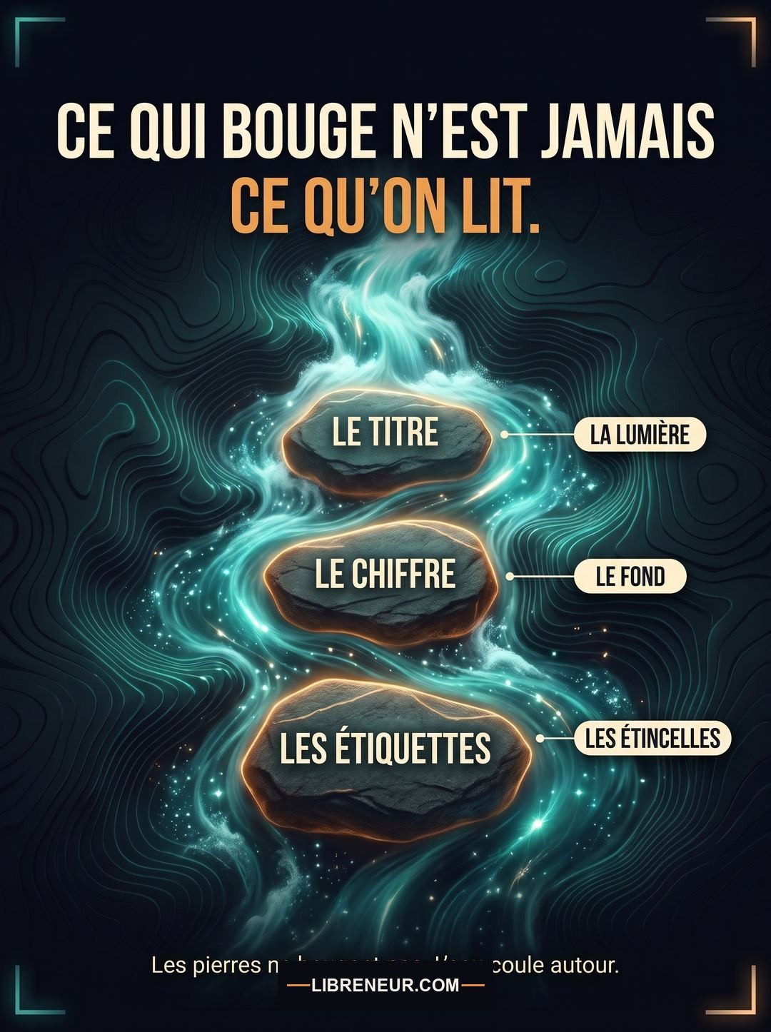 Infographie de la règle du carrousel animé : une rivière coule autour de trois pierres immobiles, le titre, le chiffre et les étiquettes, pendant que la lumière, le fond et les étincelles bougent