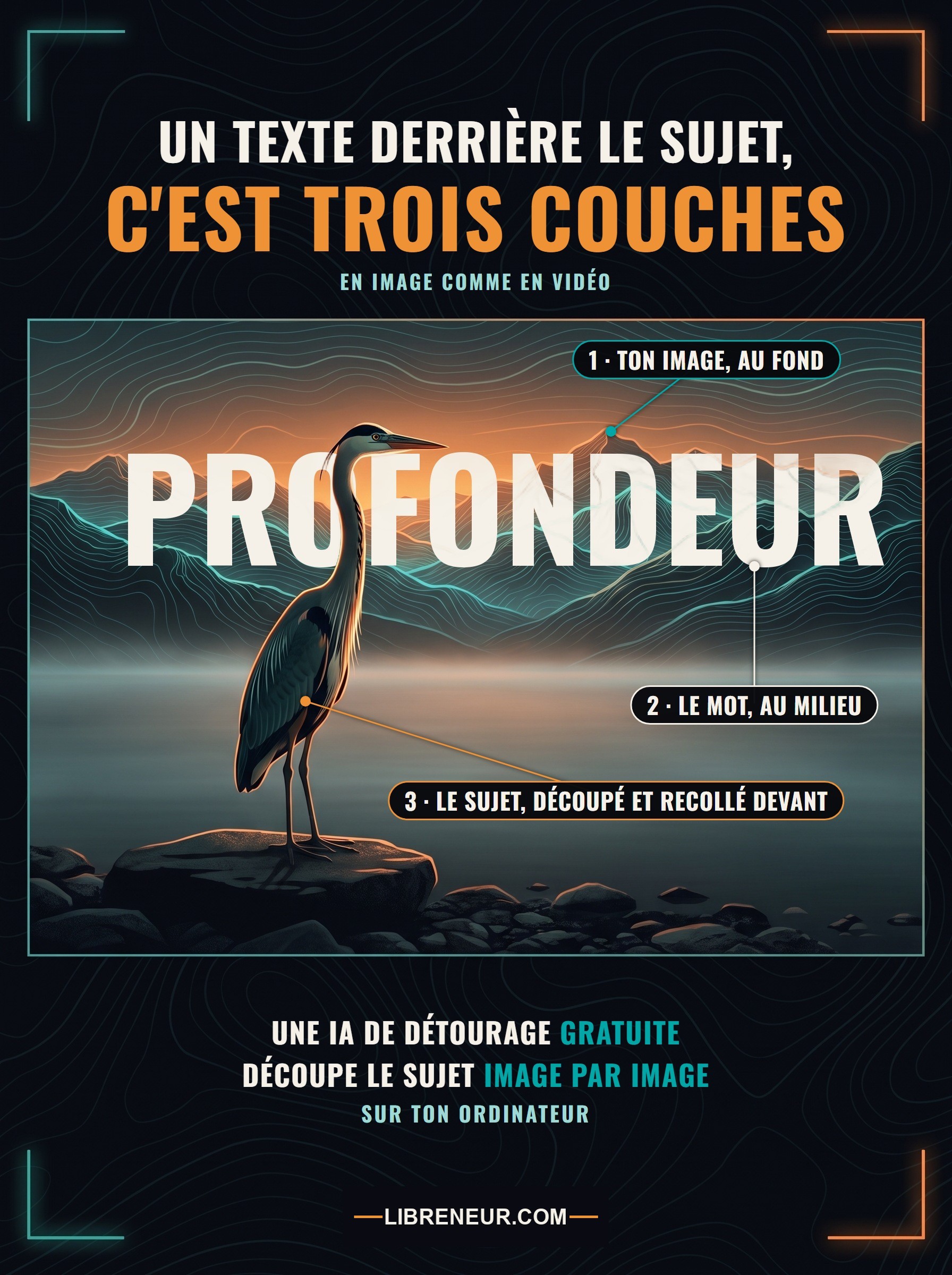 Infographie : un paysage en trois plans, les montagnes au fond pour ton image, le mot au milieu, le sujet au premier plan découpé par l'IA et recollé devant le mot